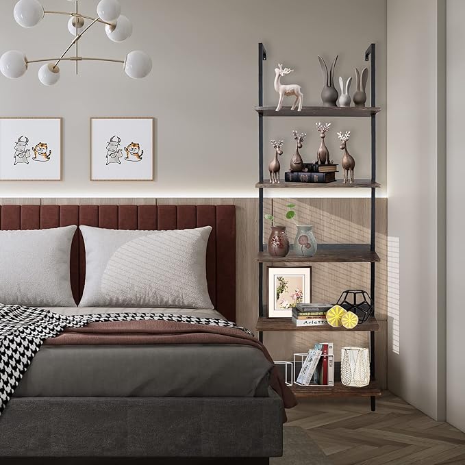 5 Tiers Ladder Shelf Brown Modern Bookshelf Open Tall Wall Mount Bookcase Standing Leaning Wall Shelves Industrial Decorative Living Room Bed Room - LeafyLoom
