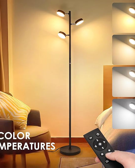 LED Tree Floor Lamp, 30W Dimmable Tall Standing Lamp with Remote & Touch Control, 3000K-6000K 4 Color Temperatures, 3 Rotatable Lights Floor Lamps for Living Room, Bedroom, Office - LeafyLoom