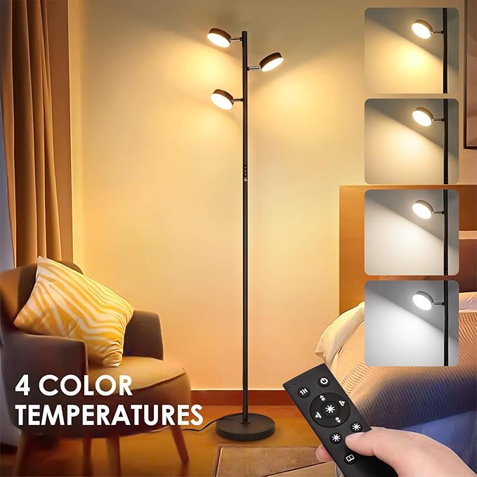 LED Tree Floor Lamp, 30W Dimmable Tall Standing Lamp with Remote & Touch Control, 3000K-6000K 4 Color Temperatures, 3 Rotatable Lights Floor Lamps for Living Room, Bedroom, Office - LeafyLoom