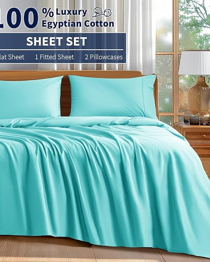 Shilucheng 100% Cotton Sheets Set - 600 Thread Count，Luxury Egyptian Cotton Bed Sheets，5-Star Hotel Quality Sheets, Breathable & Cooling, 16 Inch Deep Pocket - 4 Piece (Seafoam, Full) - LeafyLoom