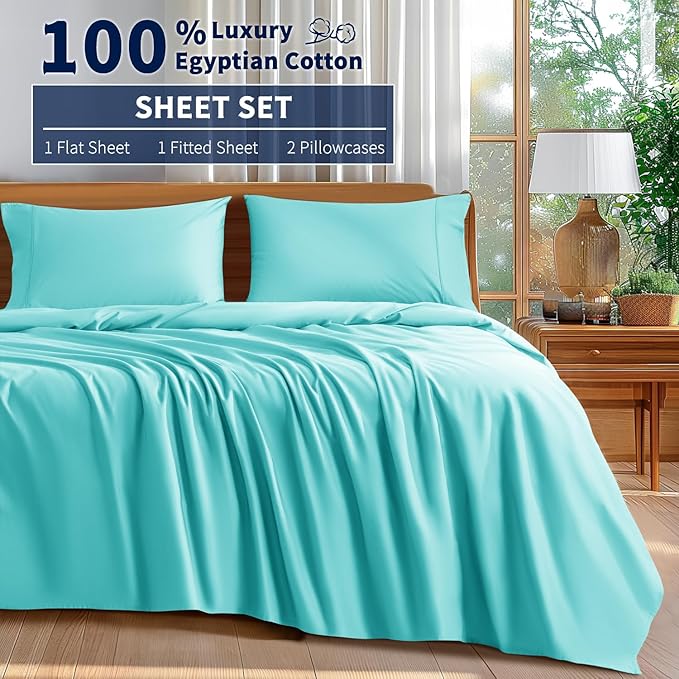 Shilucheng 100% Cotton Sheets Set - 600 Thread Count，Luxury Egyptian Cotton Bed Sheets，5-Star Hotel Quality Sheets, Breathable & Cooling, 16 Inch Deep Pocket - 4 Piece (Seafoam, Full) - LeafyLoom