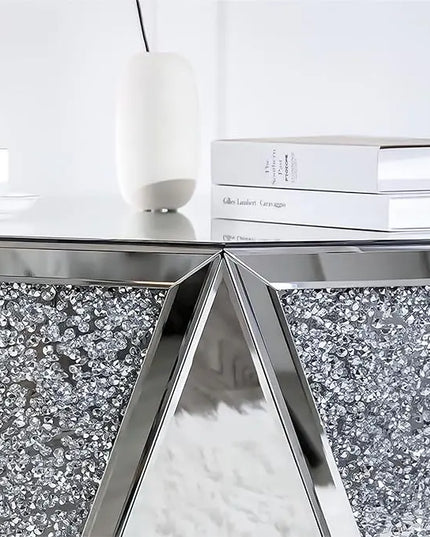 Drum Coffee Table Mirrored with Crystal Inlay, Hexagon Silver Accent Table, Modern Design Luxury Contemporary Furniture, 31.5‘’ Low Coffee Table for Living Room Fully Assembled - LeafyLoom