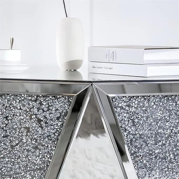 Drum Coffee Table Mirrored with Crystal Inlay, Hexagon Silver Accent Table, Modern Design Luxury Contemporary Furniture, 31.5‘’ Low Coffee Table for Living Room Fully Assembled - LeafyLoom