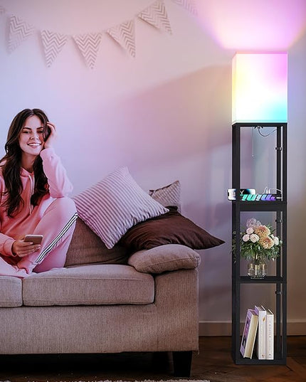 SUNMORY Floor Lamp with Shelves, RGB Light Dimmable Standing Lamp with APP Control, Tall Shelf Lamp for Living Room and Bedroom, Home Decor (Black) - LeafyLoom