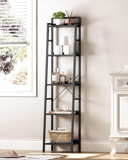 HOOBRO Bookcase, 5-Tier Narrow Bookshelf, Industrial Ladder Shelf, Skinny Bookshelf for Small Spaces, Corner Storage Shelf for Home Office, Living Room, Black BB35SJ01 - LeafyLoom
