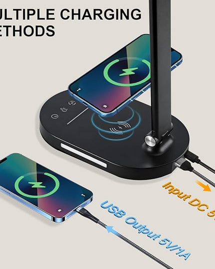 Lightess LED Desk Lamp with Wireless Charger, USB Charging Port, Adjustable Foldable Dual Swing Arm Desk Light Dimmable Eye-Caring Desk Lamp, Touch Control, Home Office Desk Lights for Work Study - LeafyLoom