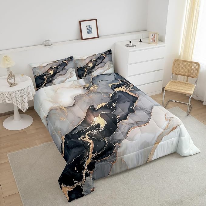 Erosebridal Black Marble Bedding Set Queen,Black and Grey Marble Comforter Set Men Teens Boys Modern Gray Orange Abstract Art Tie Dye Down Comforter Kids Gothic White Gold Marble Duvet Insert Soft - LeafyLoom