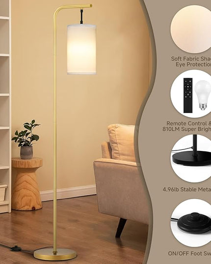 Floor Lamp for Living Room, 9W LED Bulb, Remote Custom Color Temperature & Brightness, Standing Lamps for Bedroom Office Kid Room, Gold - LeafyLoom