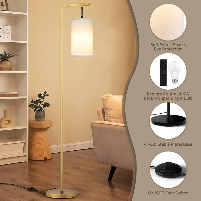 Floor Lamp for Living Room, 9W LED Bulb, Remote Custom Color Temperature & Brightness, Standing Lamps for Bedroom Office Kid Room, Gold - LeafyLoom