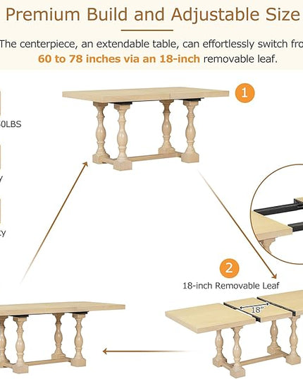Merax 6-Piece Dining Set with 78inch Trestle Extendable Rectangular Table and 18inch Removable Leaf, Including 4 Padded Chairs & Linen Upholstered Bench for Living Room, Kitchen,Natural - LeafyLoom