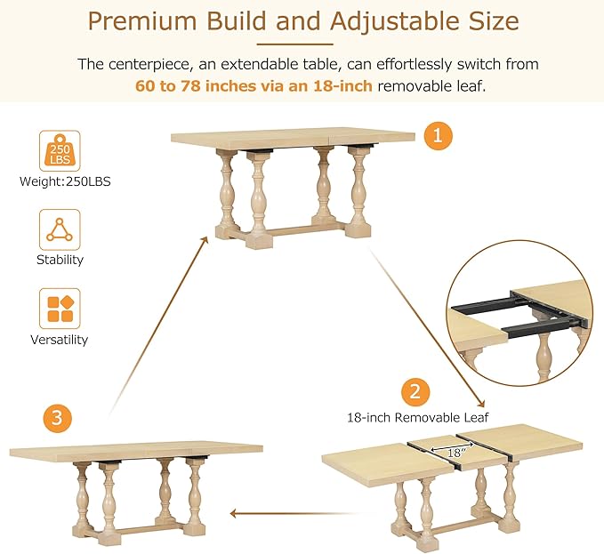 Merax 6-Piece Dining Set with 78inch Trestle Extendable Rectangular Table and 18inch Removable Leaf, Including 4 Padded Chairs & Linen Upholstered Bench for Living Room, Kitchen,Natural - LeafyLoom