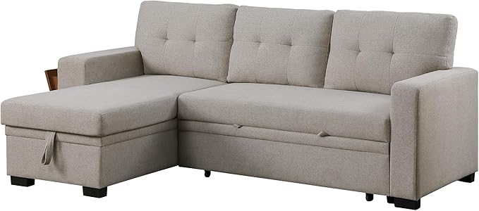 92 inch Convertible L-Shaped Sleeper Sectional Sofa with Storage Chaise,Reversible Couch with Side Open Cup Holder for Apartment, Dorm, Living Room, 92inch, Light Gray-4 - LeafyLoom