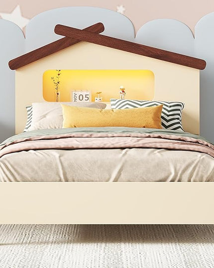 Bellemave Twin Size Cream Wood Kids Bed Frame, House-Shaped Headboard with Motion Activated Night Lights, Sturdy Construction, Easy Assembly, 200 lbs Capacity - LeafyLoom