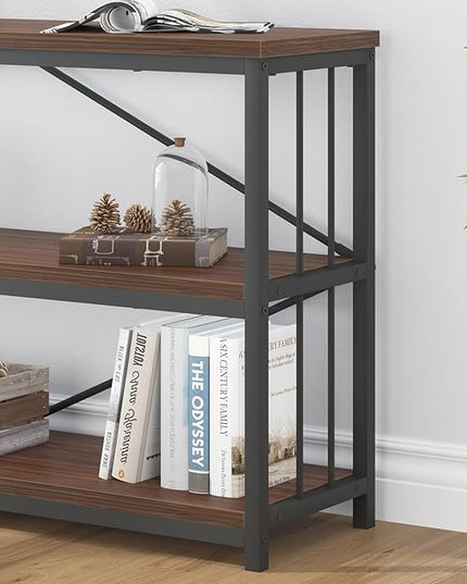 IBF Walnut Low Wide Bookcase, Vintage 63 Inch Long 3 Tier Open Book Shelf, Farmhouse Big Wood Metal sturdy Bookshelf Display Case, Simple Large Etagere Bookshelves for Home Living Room Office Bedroom - LeafyLoom