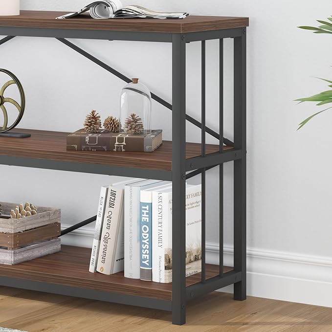 IBF Walnut Low Wide Bookcase, Vintage 63 Inch Long 3 Tier Open Book Shelf, Farmhouse Big Wood Metal sturdy Bookshelf Display Case, Simple Large Etagere Bookshelves for Home Living Room Office Bedroom - LeafyLoom