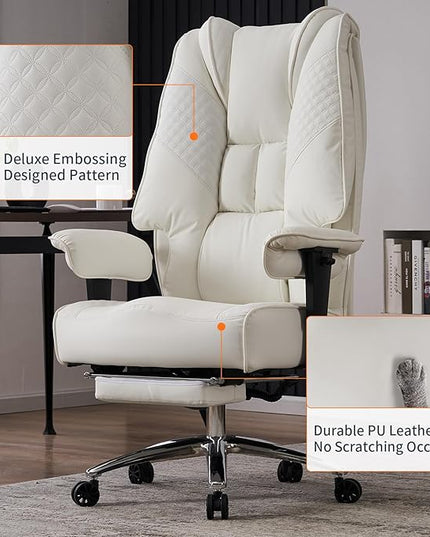 Big and Tall Office Chair 400lbs Wide Seat, Leather High Back Executive Office Chair with Foot Rest, Ergonomic Office Chair Lumbar Support for Lower Back Pain Relief (White) - LeafyLoom