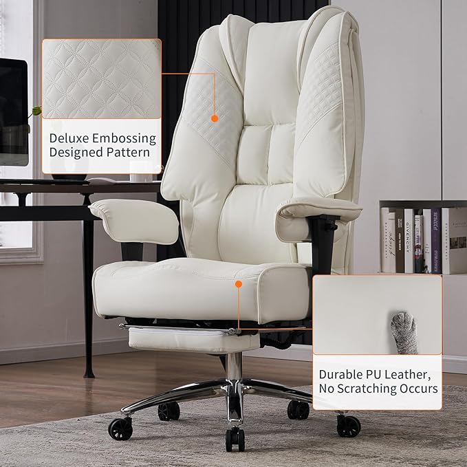 Big and Tall Office Chair 400lbs Wide Seat, Leather High Back Executive Office Chair with Foot Rest, Ergonomic Office Chair Lumbar Support for Lower Back Pain Relief (White) - LeafyLoom