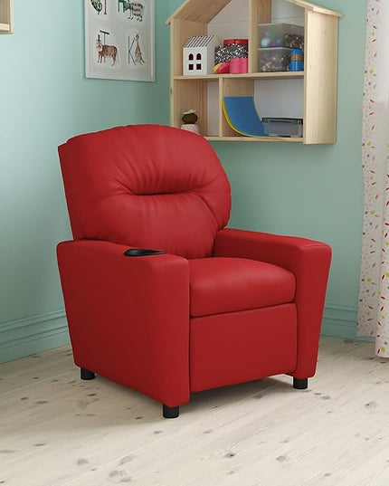 Flash Furniture Chandler Vinyl Kids Recliner with Cup Holder and Safety Recline, Contemporary Reclining Chair for Kids, Supports up to 90 lbs., Red - LeafyLoom