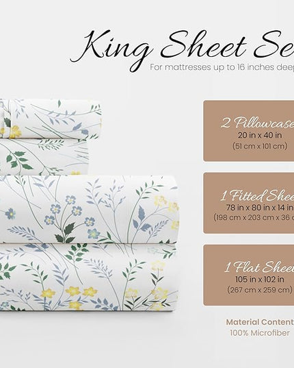 Linen Market 4 Piece King Bedding Sheet Set (Light Blue Floral) - Sleep Better Than Ever with These Ultra-Soft & Cooling Bed Sheets for Your King Size Bed - Deep Pocket Fits 16" Mattress - LeafyLoom