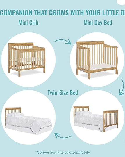 Aden 4-in-1 Convertible Mini Crib In Natural, Greenguard Gold Certified, Non-Toxic Finish, New Zealand Pinewood, With 3 Mattress Height Settings - LeafyLoom
