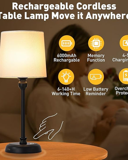 Cordless LED Table Lamp, 6000mAh Rechargeable Bedside Night Lamp for Bedroom, Portable Touch Stepless Dimmable Battery Operated Lamp, Ambient Light for Patio Restaurant(Black H) - LeafyLoom