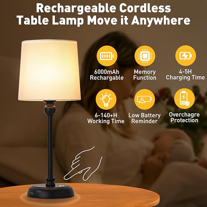 Cordless LED Table Lamp, 6000mAh Rechargeable Bedside Night Lamp for Bedroom, Portable Touch Stepless Dimmable Battery Operated Lamp, Ambient Light for Patio Restaurant(Black H) - LeafyLoom