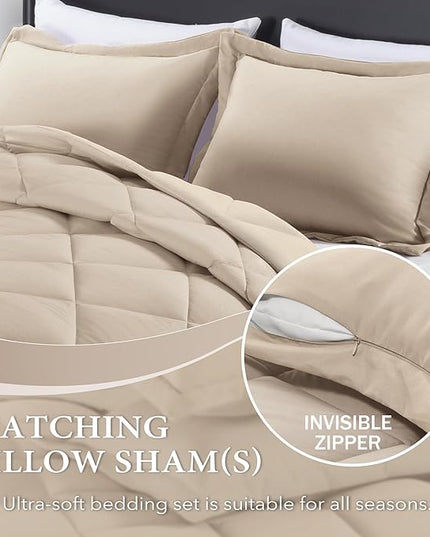 downluxe King Size Comforter Set - Khaki King Comforter Set, 3 Pieces Soft Solid Comforter King Size Set for All Seasons, 1 Lightweight Fluffy Comforter (104"x92") and 2 Pillow Shams - LeafyLoom