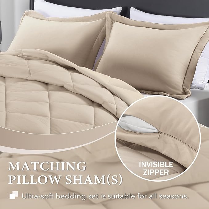 downluxe King Size Comforter Set - Khaki King Comforter Set, 3 Pieces Soft Solid Comforter King Size Set for All Seasons, 1 Lightweight Fluffy Comforter (104"x92") and 2 Pillow Shams - LeafyLoom