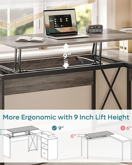 Bestier Lift Top L Shaped Desk with File Drawer, 55'' x 55'' Office Desk with Reversible Storage Drawers, L Shaped Standing Desk with Computer Monitor Stand (Grey Wash, 55'' x 55'') - LeafyLoom