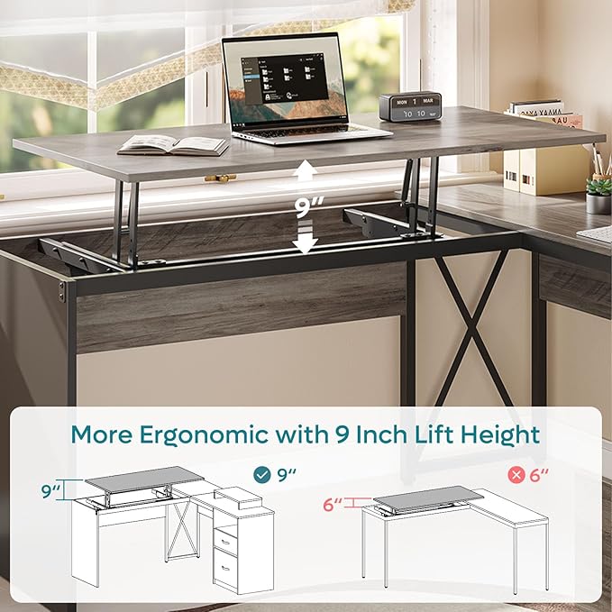 Bestier Lift Top L Shaped Desk with File Drawer, 55'' x 55'' Office Desk with Reversible Storage Drawers, L Shaped Standing Desk with Computer Monitor Stand (Grey Wash, 55'' x 55'') - LeafyLoom