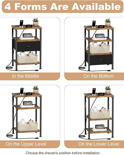 Fixwal Night Stand with Charging Station, Adjustable Bed Side Table with Fabric Drawer, Farmhouse End Table Bedroom, Bedside Table with Storage, Rustic Brown - LeafyLoom