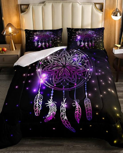 Erosebridal Dream Catcher Feather Comforter Set, Bohemian Mandala Down Comforter Twin Size for Kids Girls Boys, Starry Sky Galaxy Bedding Set Boho Tie Dye Exotic Flower Quilted Duvet, Purple - LeafyLoom