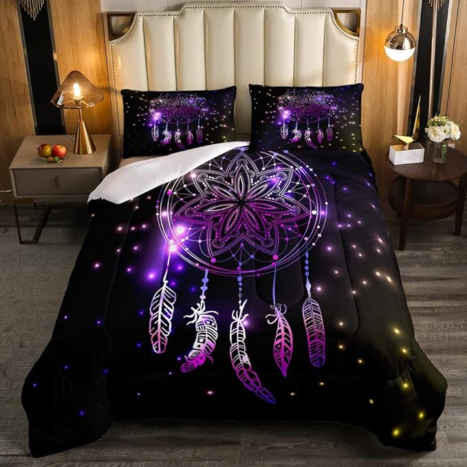 Erosebridal Dream Catcher Feather Comforter Set, Bohemian Mandala Down Comforter Twin Size for Kids Girls Boys, Starry Sky Galaxy Bedding Set Boho Tie Dye Exotic Flower Quilted Duvet, Purple - LeafyLoom