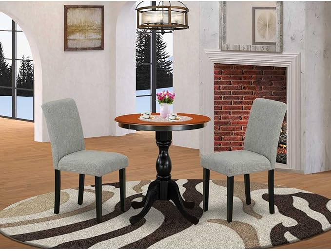 East West Furniture Eden 3 Piece Kitchen Set Contains a Round Room Table with Pedestal and 2 Shitake Linen Fabric Parson Dining Chairs, 30x30 Inch, ESAB3-BCH-06 - LeafyLoom