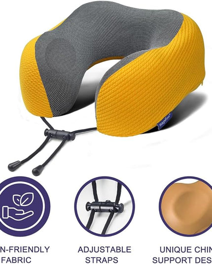 napfun Neck Pillow for Traveling, Upgraded Travel Neck Pillow for Airplane 100% Pure Memory Foam Travel Pillow for Flight Headrest Sleep, Portable Plane Accessories, Yellow, Medium (120-200LB) - LeafyLoom
