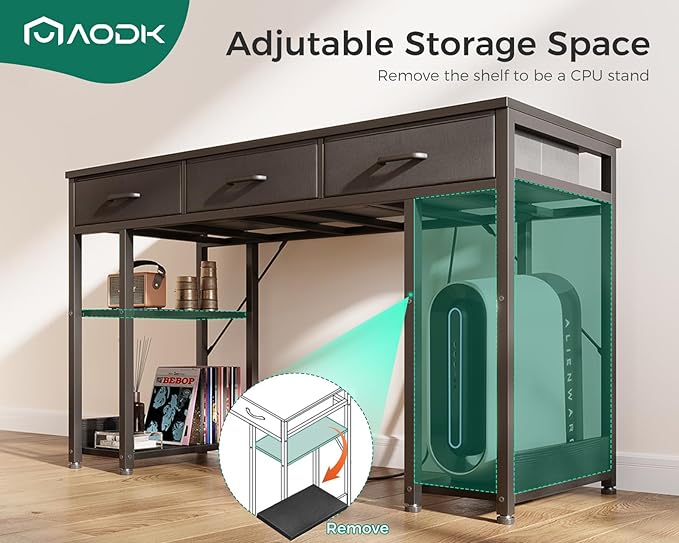 AODK 55 Inch Gaming Desk with Fabric Drawers & Power Outlets, Computer Desk with Storage Shelves & CPU Stand, Gamer Table, Study Desk with Type-C & USB, Writing Desk for Bedroom, Black - LeafyLoom