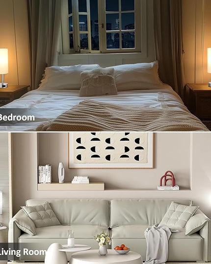 White Silver Bedside Table Lamps Set of 2-3 Color Temperatures Pull Chain Lamp with AC Outlet Charging Port, Two Round Night Stand Lamps for Bedroom, Small Bed Side Light with E26 LED Bulbs - LeafyLoom