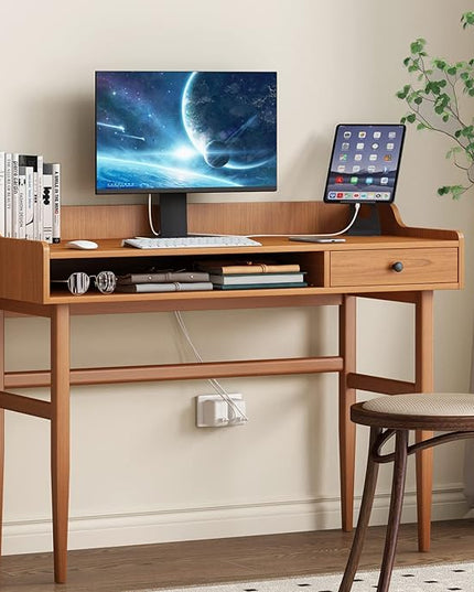 Vintage-style Desk with Scandinavian Flair, Computer or Laptop Desk, Writing Desk with Drawer and Open Storage Cubby, Small Space Dressing Table. - LeafyLoom