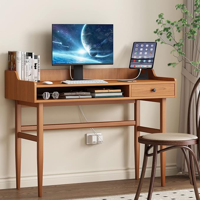 Vintage-style Desk with Scandinavian Flair, Computer or Laptop Desk, Writing Desk with Drawer and Open Storage Cubby, Small Space Dressing Table. - LeafyLoom
