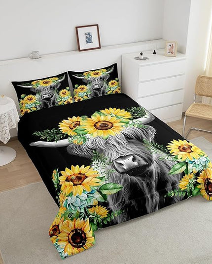 Highland Cow Bedding Set Kids Sunflower Floral Western Cow Bull Comforter Set for Girls Teens Farmhouse Wildlife Animal Comforter Black Duvet Set Room Decor Quilt Set Twin Size - LeafyLoom