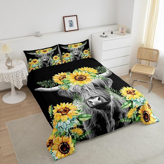Highland Cow Bedding Set Kids Sunflower Floral Western Cow Bull Comforter Set for Girls Teens Farmhouse Wildlife Animal Comforter Black Duvet Set Room Decor Quilt Set Twin Size - LeafyLoom