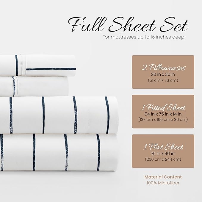Linen Market 4 Piece Full Bedding Sheet Set (Navy Blue Stripes) - Sleep Better Than Ever with These Ultra-Soft & Cooling Bed Sheets for Your Full Size Bed - Deep Pocket Fits 16" Mattress - LeafyLoom