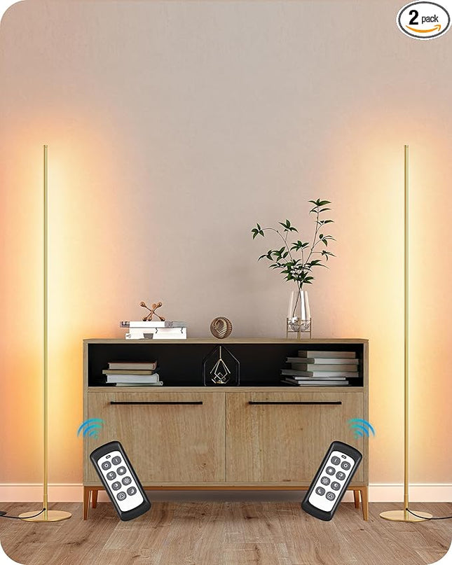 EDISHINE LED Corner Floor Lamp, Set of 2 Minimalist Dimmable Light with Remote, 57.5" Tall Standing Lamp for Living Room, Bedroom, Home Office, 7 Color Temperature 2700-6000K (Gold) - LeafyLoom