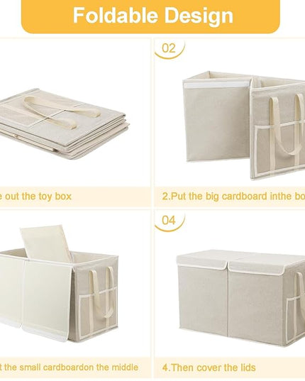 Large Toy Box for Boys Girls Toy Chest Kids Toy Storage Organizer Collapsible Toy Storage Bin Basket with Two Mesh Pockets for Nursery Playroom Bedroom Living Room Organization - LeafyLoom