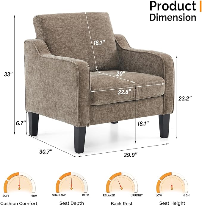 VINGLI Accent Chair for Living Room Chairs Light Brown Reading Chair for Bedroom Scooped Arm Chair Mid Century Modern Accent Chairs Upholstered Comfy Chair for Apartment, Waiting Room - LeafyLoom
