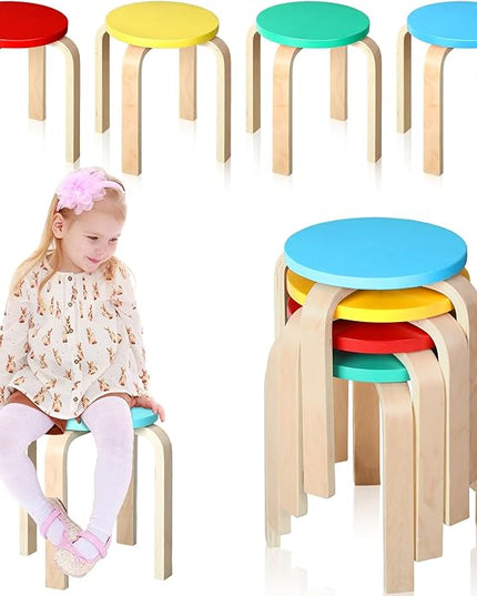 4 Pcs 12 Inch Bentwood Stacking Stool for Kids Colored Durable Round Nesting Stool Flexible Wood Stackable Stool Chairs for Playroom Daycare Home Classroom (Bright Color) - LeafyLoom