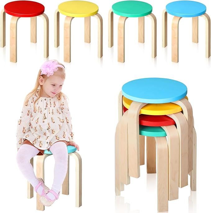 4 Pcs 12 Inch Bentwood Stacking Stool for Kids Colored Durable Round Nesting Stool Flexible Wood Stackable Stool Chairs for Playroom Daycare Home Classroom (Bright Color) - LeafyLoom