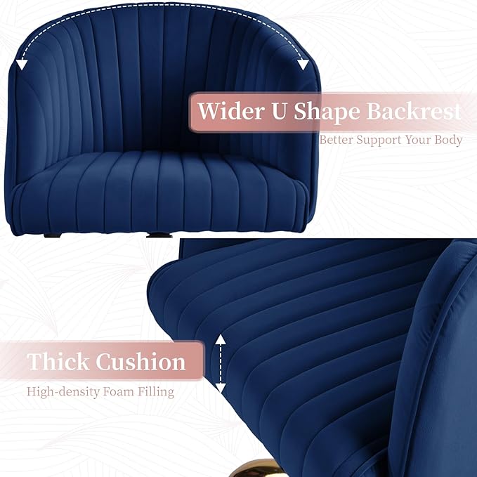 ROWHY Comfy Office Desk Chair, Velvet Swivel Desk Chairs with Wheels, Modern Office Computer Chair with Gold Base, Adjustable Wide Vanity Rolling Chair for Bedroom, Study, Navy Blue - LeafyLoom