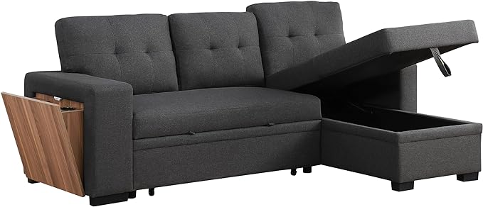 92 inch Convertible Sleeper L-Shaped Sectional Sofa with Storage Chaise, Upholstered Reversible Couch with Side Open Cup Holder for Apartment, Dorm, Living Room, Gray, 92inch, Dark Grey-5 - LeafyLoom