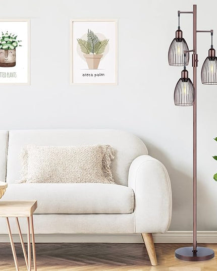 Dimmable Floor Lamp, 3 x 800LM LED Edison Bulbs Included, Farmhouse Industrial Floor Lamp Standing Lamp with Elegant Teardrop Cage Head Tall Lamp for Living Room Bedroom Office Dining Room - Brown - LeafyLoom